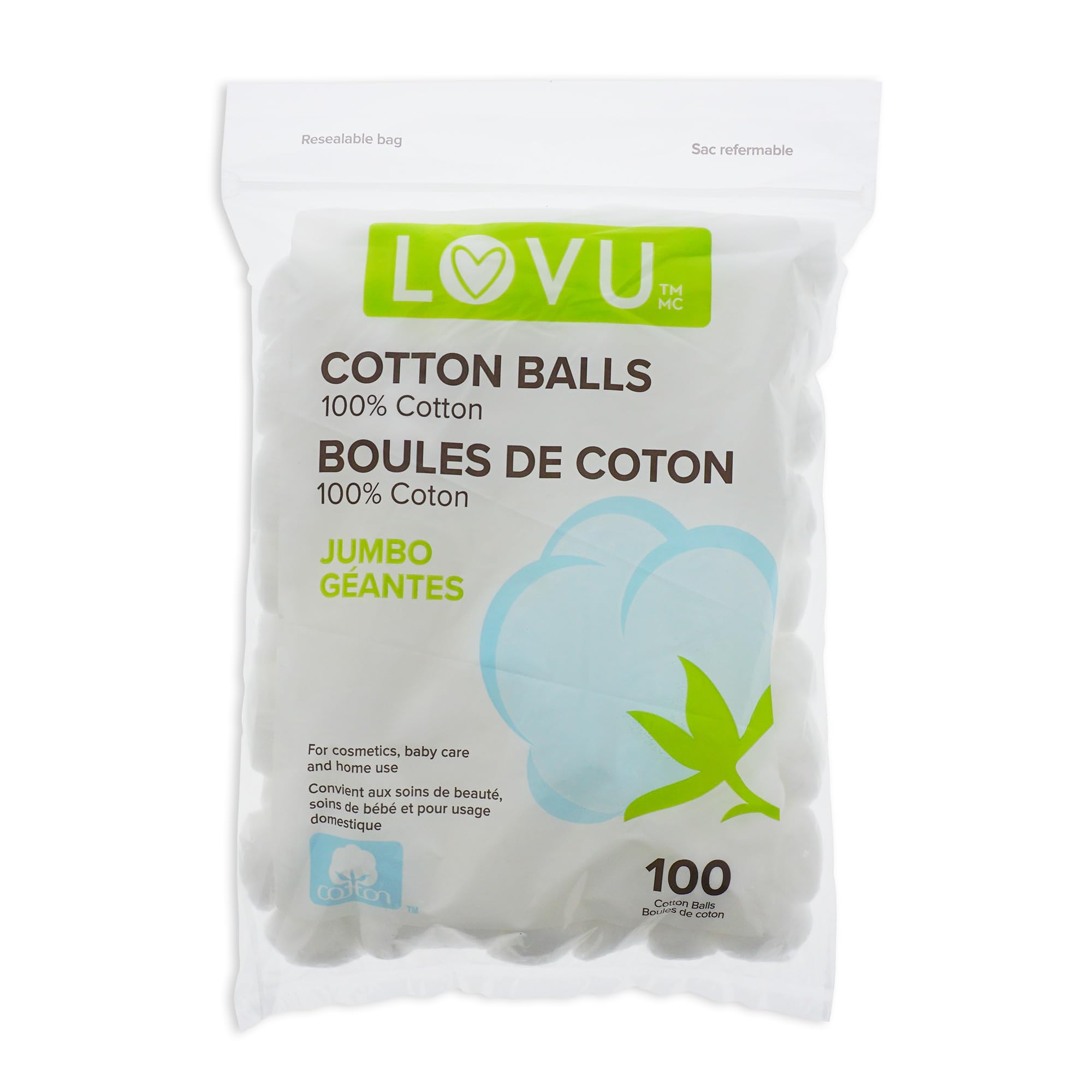 LOVU Jumbo Cotton Balls - 100 Count, Large Premium Cotton for Beauty & Personal Care