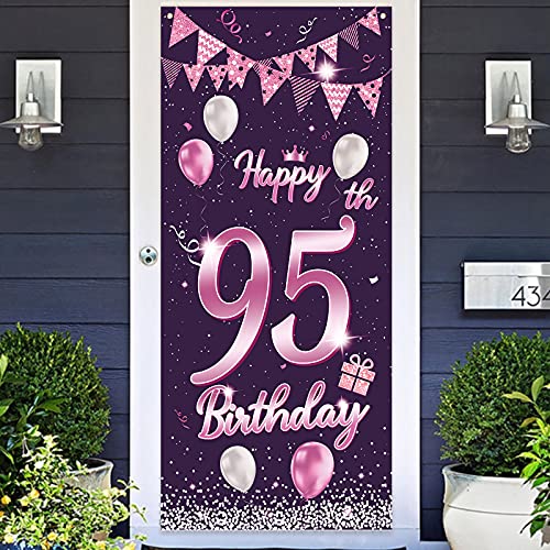 Happy 95th Birthday Sweet Purple Rose Banner Backdrop Balloons Confetti Cheers to 95 Years Old Bday Theme Decorations Decor for Door Cover Porch Women Men 95th Birthday Party Supplies Background