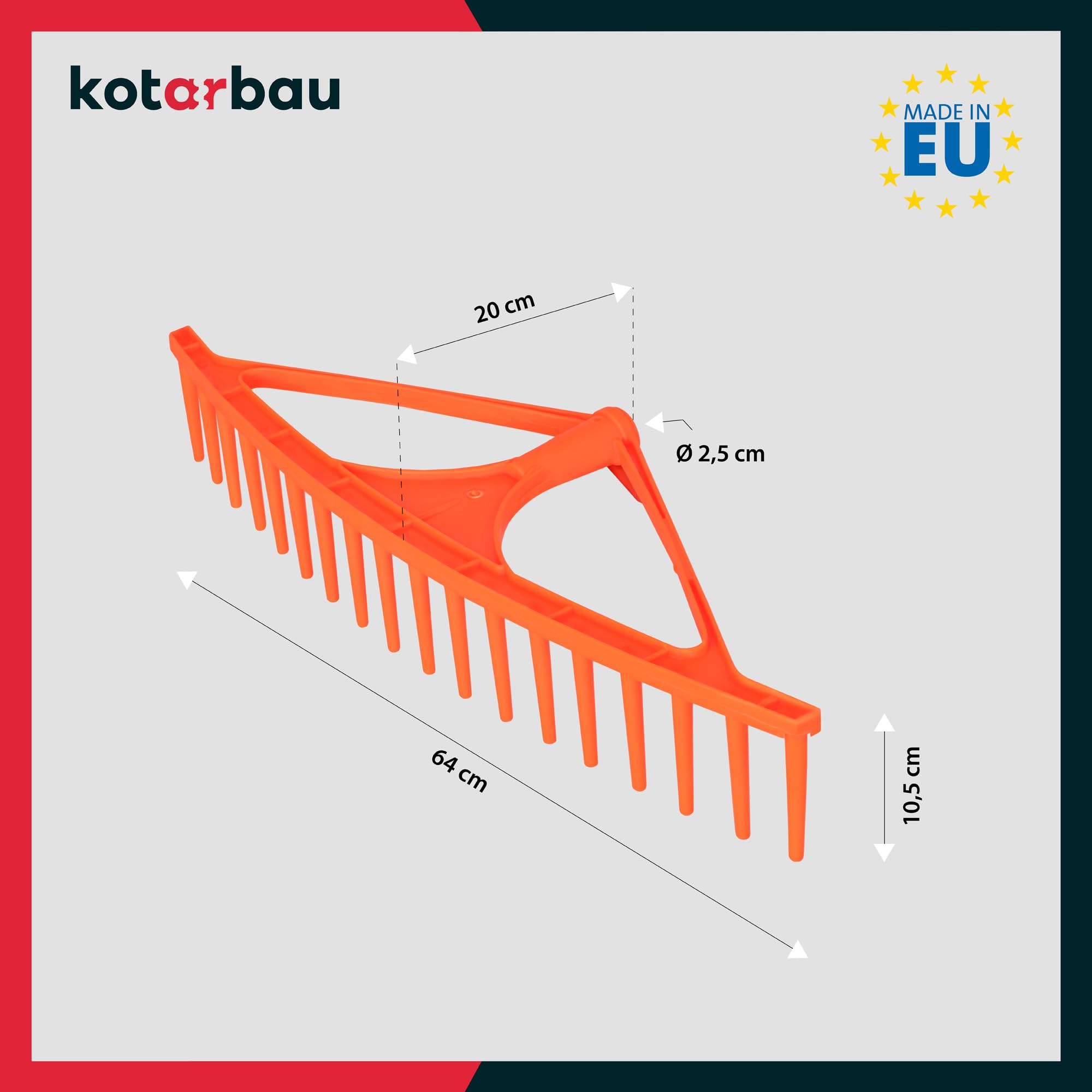 KOTARBAU® Rastrello per Foglie - Rastrello Giardino - Plastica - 64 cm - Arancione - 18 Denti - per Erba Fieno - Senza Manico - Leggero Resistente