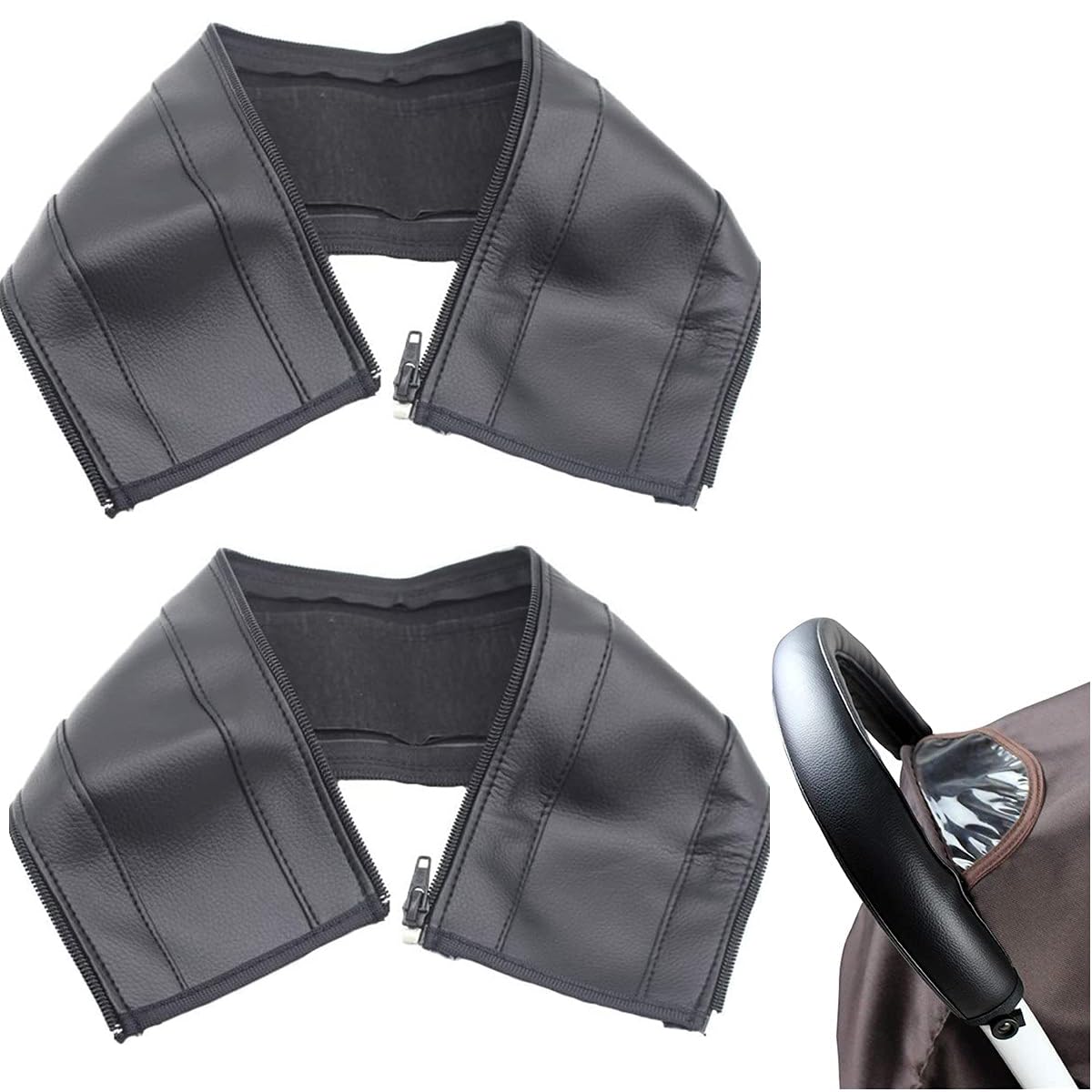 COOLive 2 Pack Baby Stroller Armrest Handle Sleeve Cover Universal Handle Cover Artificial Leather Black