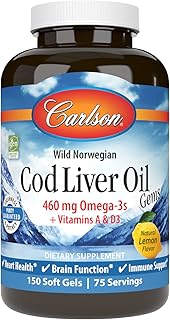 Cod Liver Oil Gems, 460 mg Omega-3s, Plus Vitamins A and D3, Wild Caught Norwegian Arctic Cod Liver Oil, Sustainably Sourced Nordic Fish Oil Capsules, Lemon, 150 Softgels
