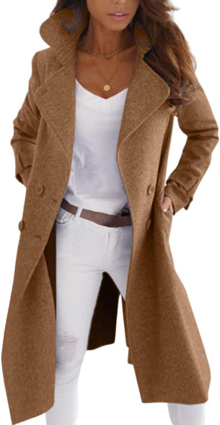 Elegante Cappotto di Pisello Lungo Doppio Petto da Donna Trench Doppio Petto Cappotto a Maniche Lunghe con Risvolto Cappotto Sottile A-Line Cappotto Moda