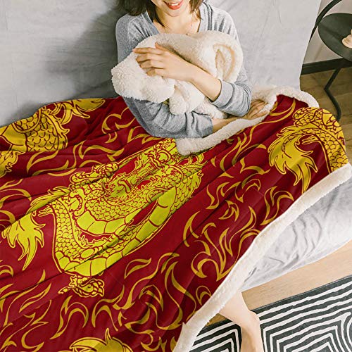 Edwiinsa Ultra Soft Reversible Throw Blankets 40'' X 50'', Fantasy Lamb Cashmere Blankets For Bed Couch, Playful Asian Chinese Dragon And Fire On Red Background #TOP3