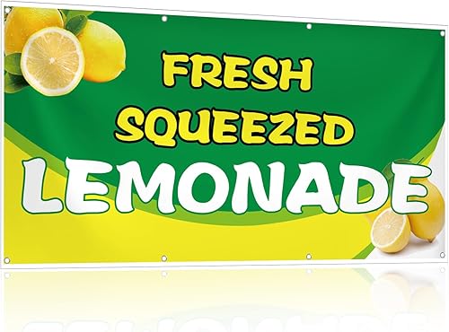 Cartel de vinilo de limonada de 2 x 4 pies, soporte de limonada recién exprimida, suministros de bandera de limón para interiores y exteriores,