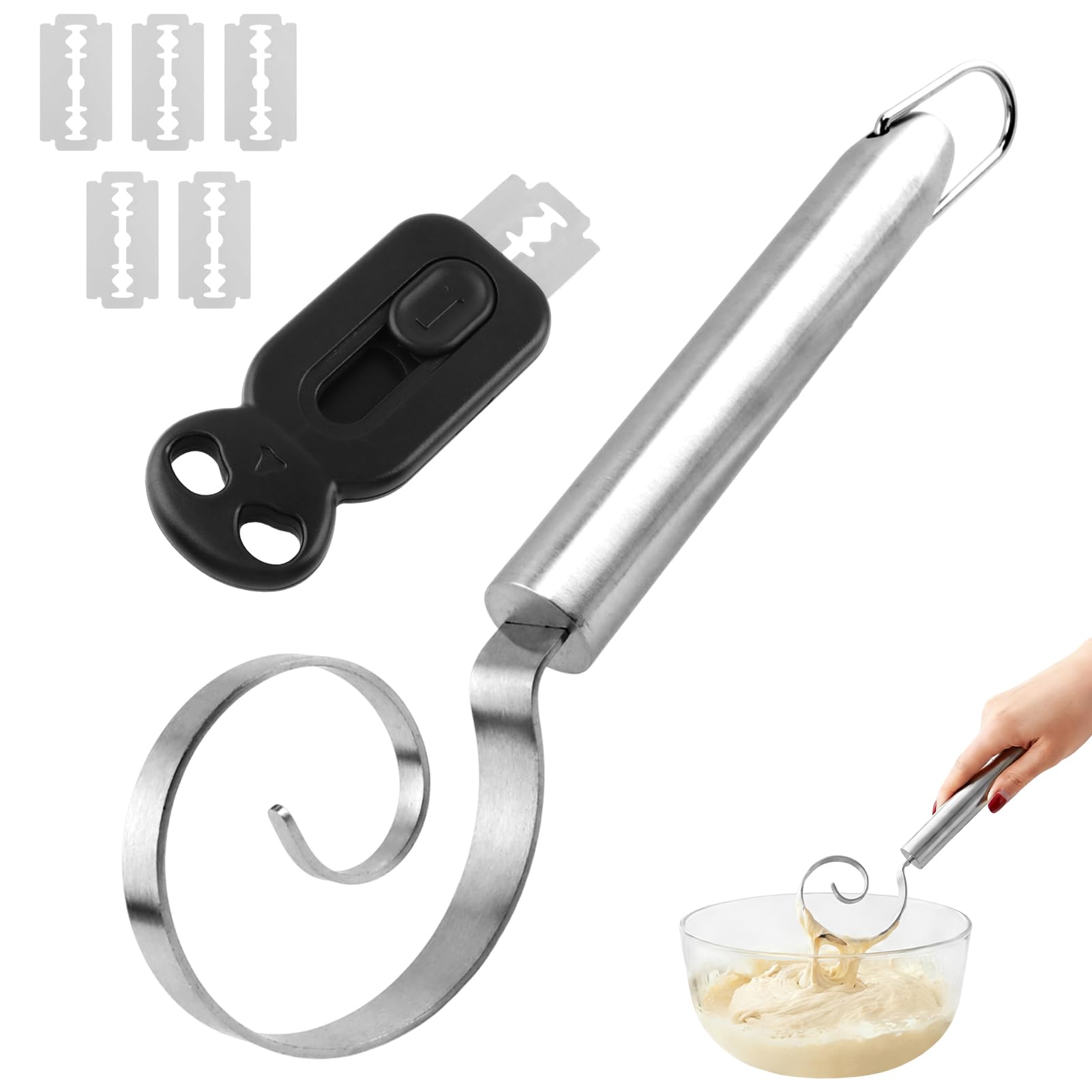 Photo 1 of 11 Inch Seamless Danish Dough Whisk, Stainless Steel Dough Whisk Tool for Sourdough, Cookies, Pizza, Pastry, Dishwasher Safe Dough Hook, with Bread Scoring Knife and 5 Blades