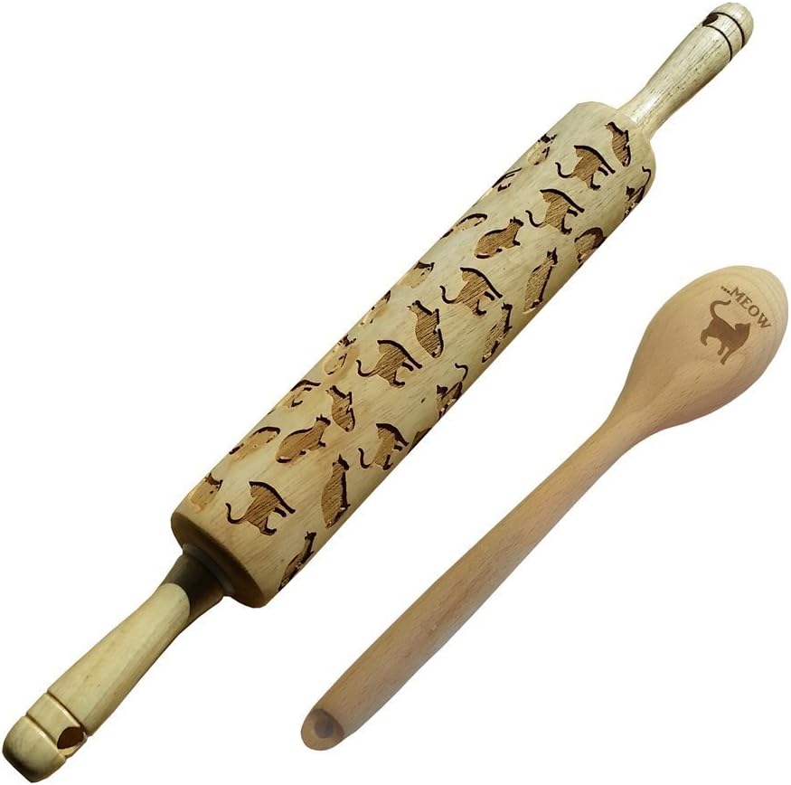 Cat Rolling Pin - Engraved Wood with Cat Design 10 inch Embossed Hardwood Cylinder and Cat (Rolling Pin With Spatula)