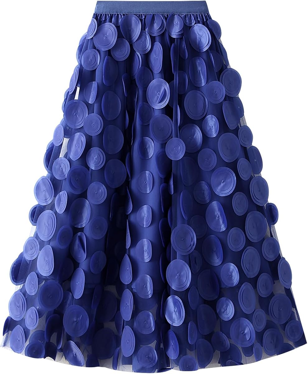 Tulle Skirt Women 3D Polka Dot Elastic Waist Mesh Flowy A-Line Midi Skirts Wedding Halloween Party Outfit
