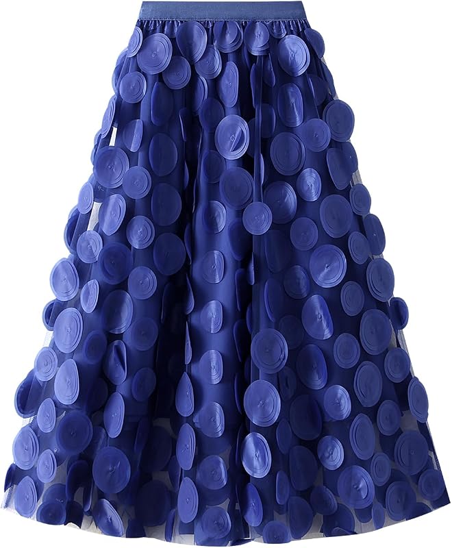 Tulle Skirt Women 3D Polka Dot Elastic Waist Mesh Flowy A-Line Midi Skirts Wedding Halloween Party Outfit