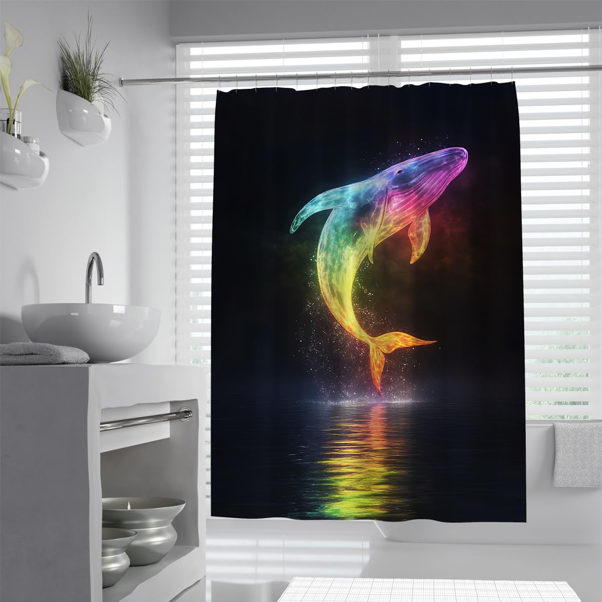 UERWOWELL Neon Rainbow Whale Shower Curtain Vibrant Spectrum Creature Water Reflection Art Shower Curtains Cosmic Marine Leviathan Bath Curtains W100xL180 cm