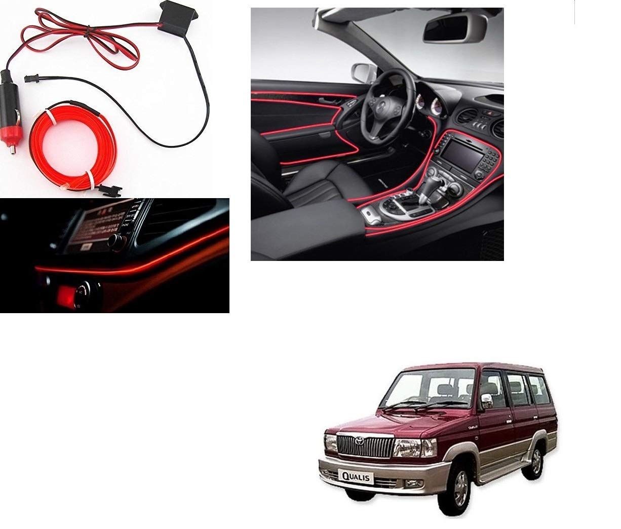 Kozdiko Red Color 12V 5Mtrs Roll Cold Light Car Socket Strip Neon Lamp Mood Creator Decor InteriorLighting for Toyota Qualis