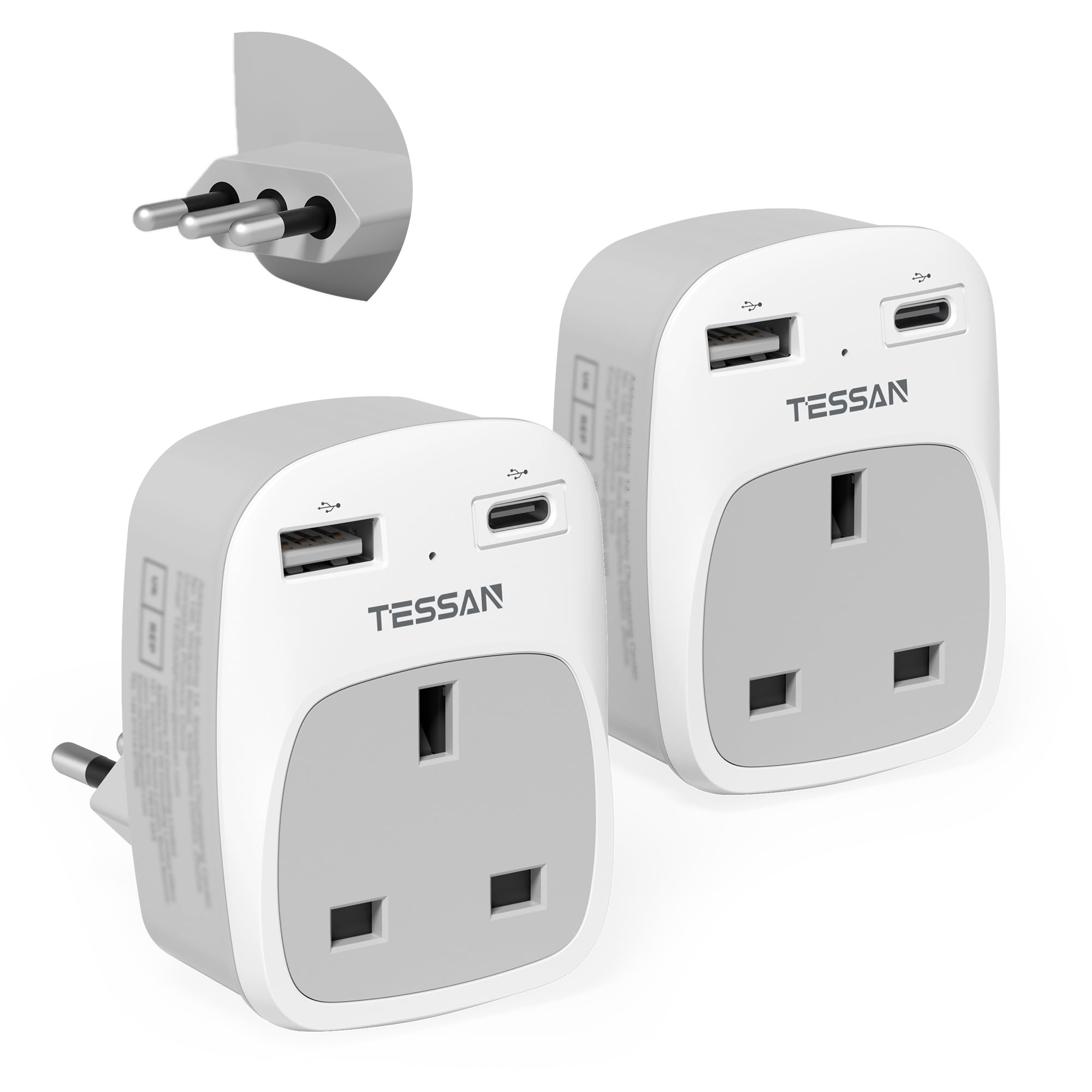 UK to European Plug Adapter 2 Pack, TESSAN Schuko Grounded Euro Plug Adapter with 2 USB Ports (1 USB C), Travel Adaptors UK to EU for Europe Spain Germany France Iceland Poland Russia (Type E F) — view 12
