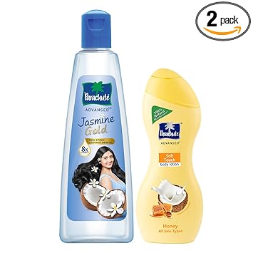Parachute Advansed Jasmine Gold Non-Sticky Coconut Hair Oil with 8x Vitamin E For Super Shiny Hair, 500ml & Soft Touch Body Lotion, With Honey, 100% Natural, Dry Skin Moisturizer, 250 ml