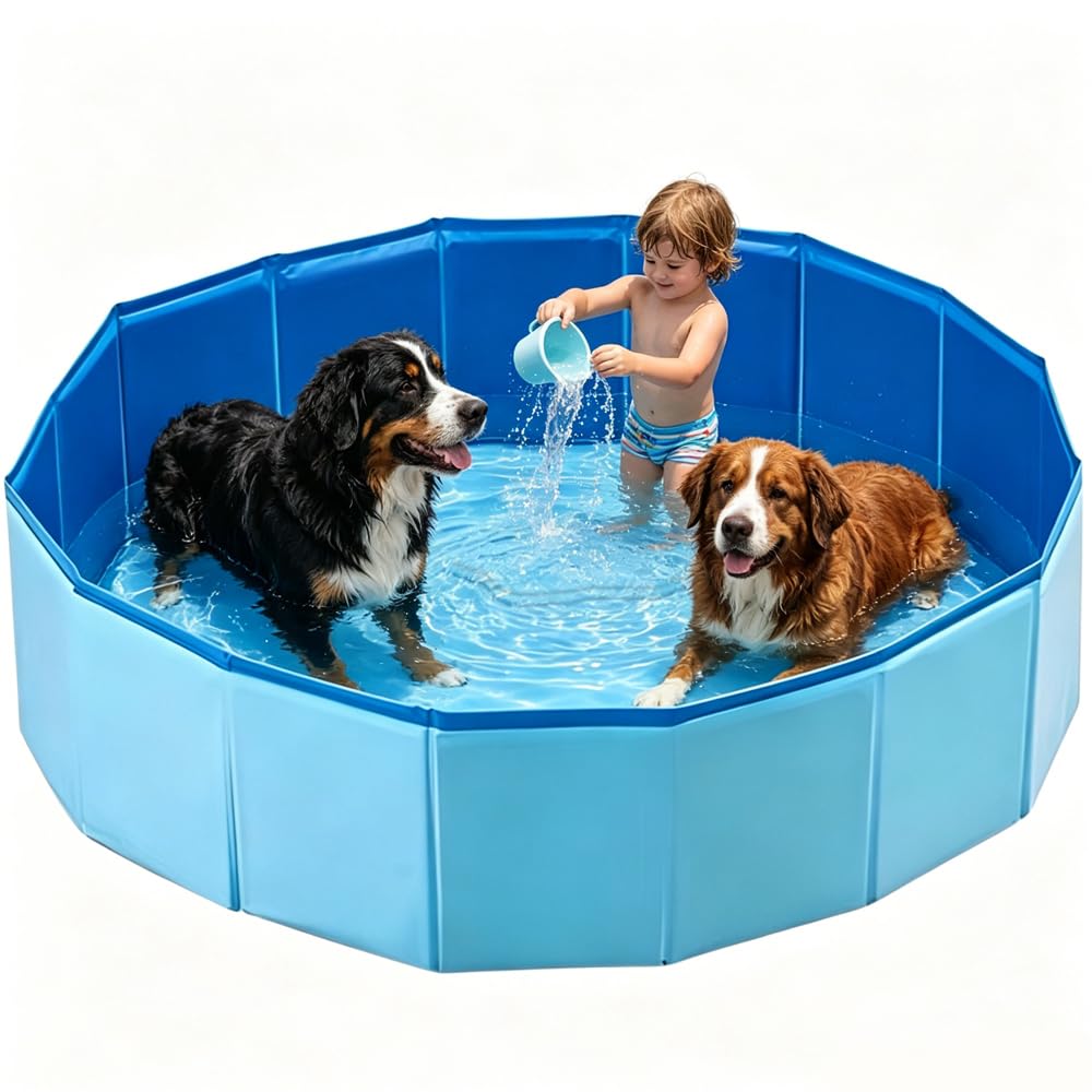 Piscina per Cani, 120 x 30 cm Piscina Cani Pieghevole con Valvola di Scaric, Piscina per Cani di Piccola, Media e Grande Taglia, Stabile PVC, Blu