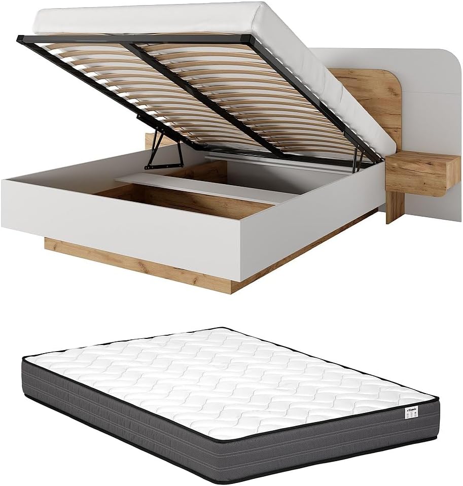 Vente-unique DESADO Storage Bed with Nightstands and LEDs, showing the storage compartment open and a mattress.