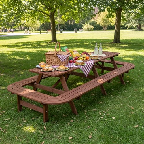 Hohuqeri Picnic Table Bench Set for 16 Persons, 8FT Large Camping Table, Wood Outdoor Dining Beer Table Set with 2” Umbrella Hole for Patio Lawn Garden (Brown)