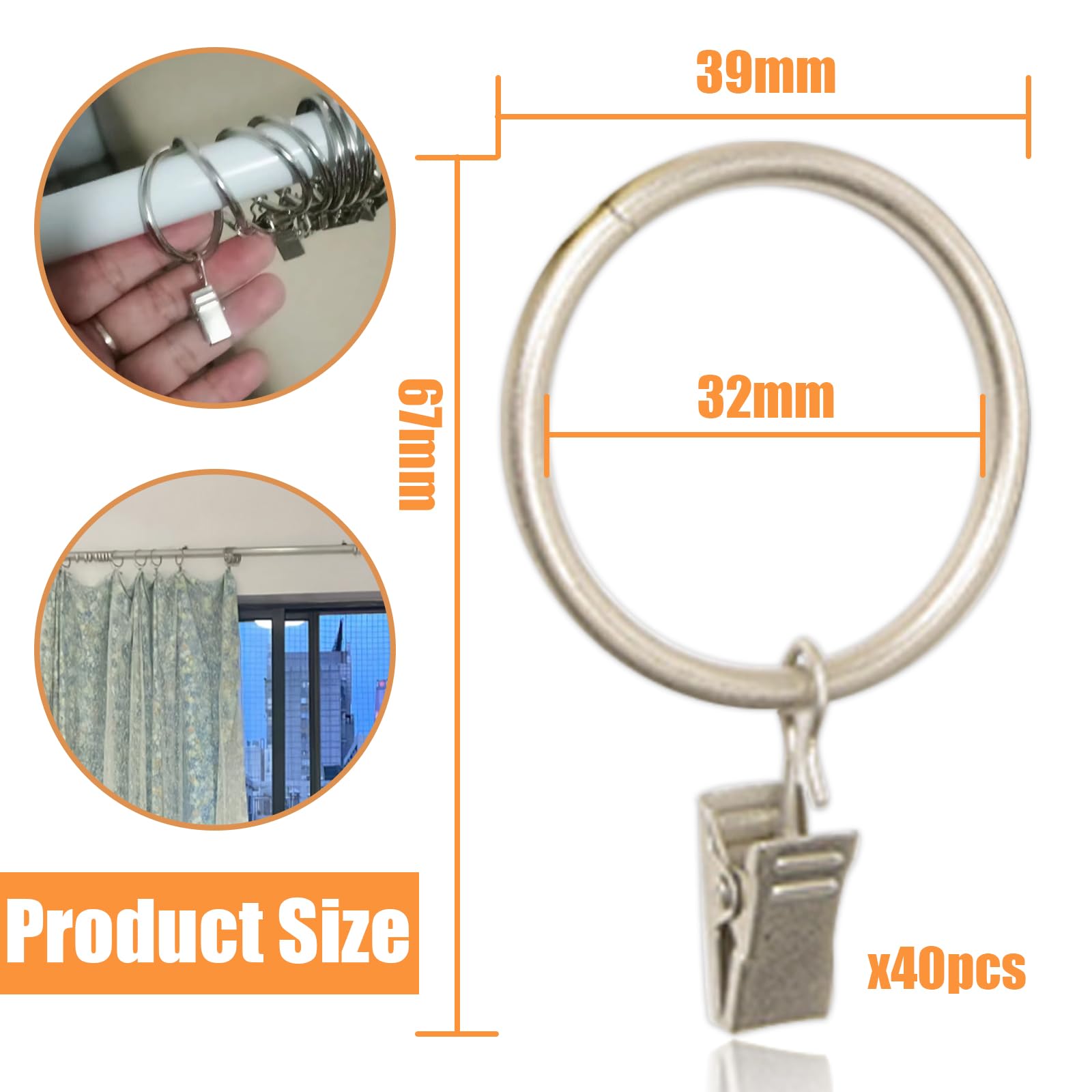 Pierścienie do firan z klipsami, 40 sztuk pierścieni do firan z 40 klipsami do zasłon, haki do firanek, metalowych klipsów, średnica wewnętrzna 32 mm, do drzwi, okien, zasłony prysznicowej