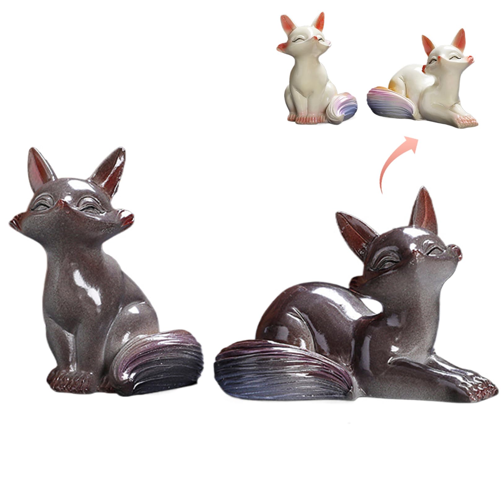Hbbgdiy 1 Pair Tea Pet Color Changing Fox Figurine Pair Interactive Desk Decoration Cute Tea Table Ornament Feng Shui Pets For Kung Fu, Teahouse, Office, Home