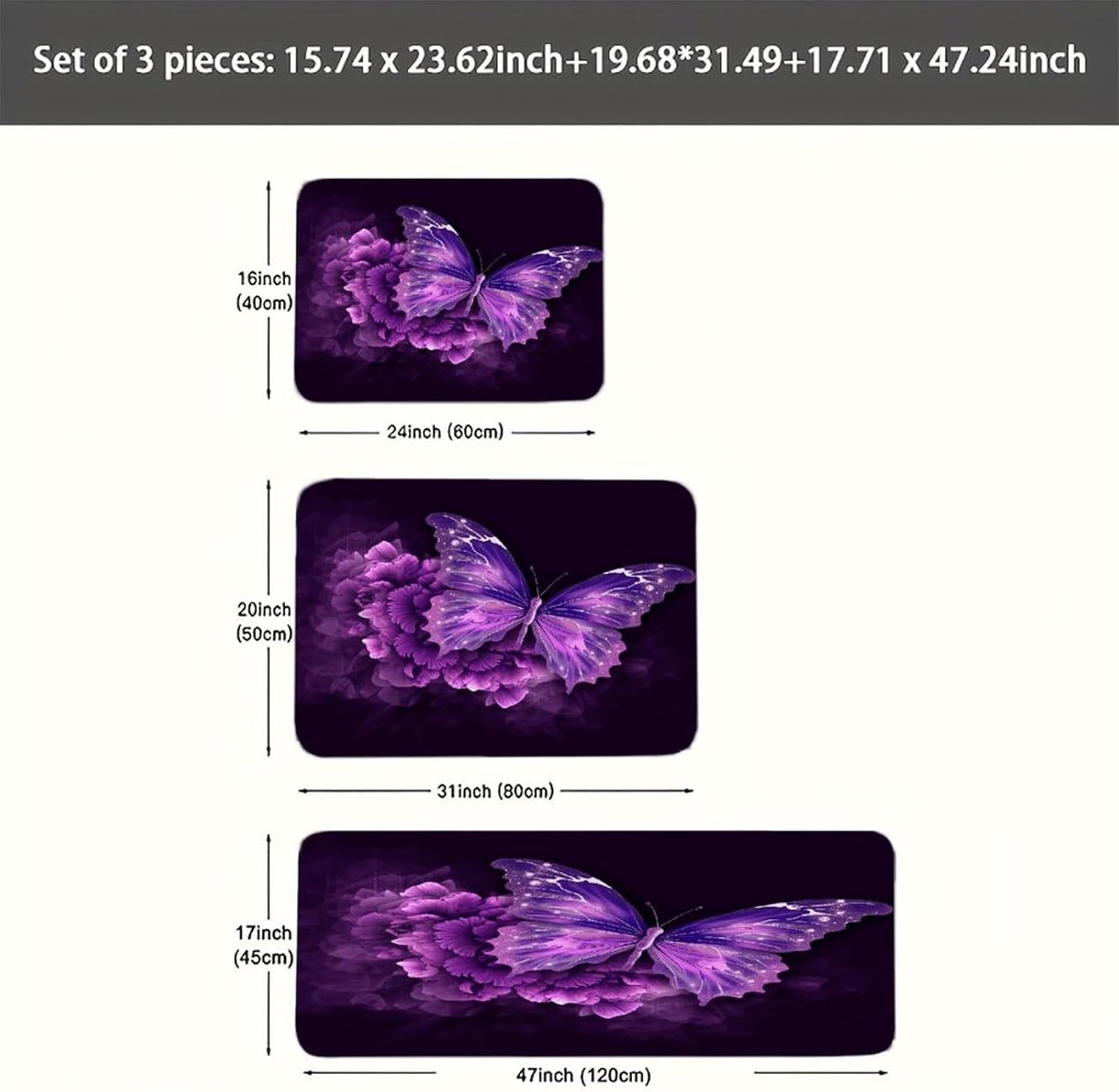 Beautiful Purple Butterfly Floral Kitchen Rugs Set of 3 Non Slip Washable Kitchen Mats for Floor Soft Area Rug Kitchen Floor Mat Cushioned Anti Fatigue Mats Standing Sink Mat Decor Runner Rugs