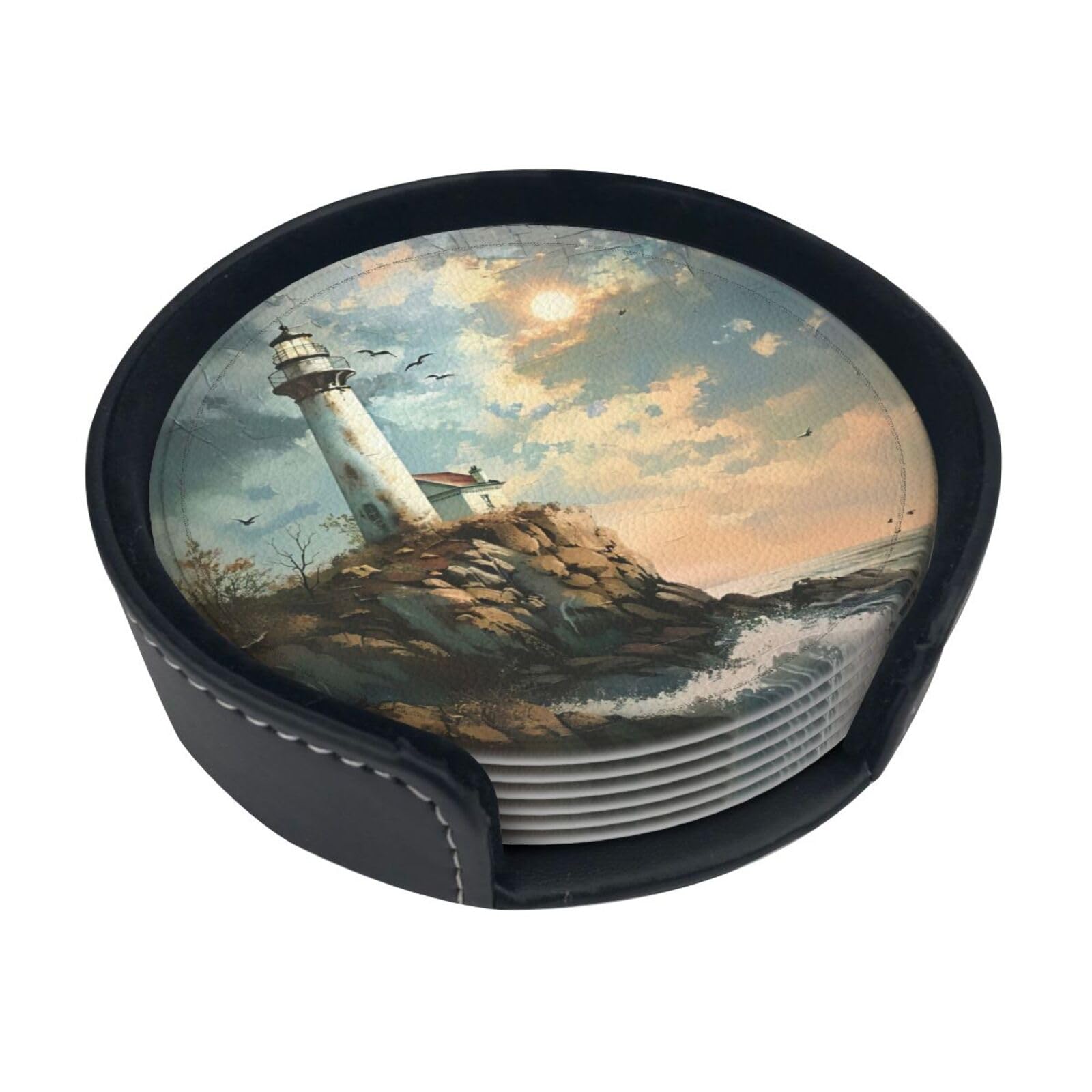 Lighthouse Backdrop Print Round Coasters Set Of 6,Coaster For Tabletop Protection Home Bar Decor