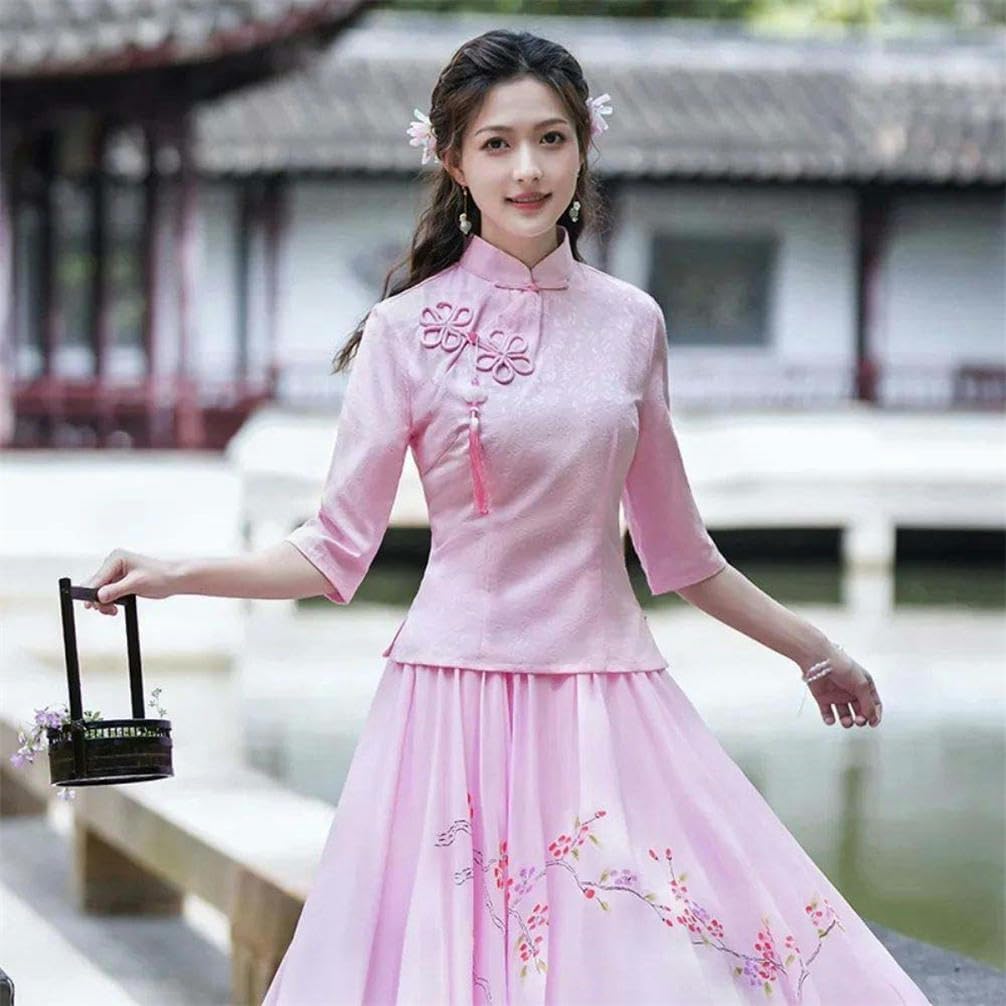 Mid-Sleeved T-Shirt Vintage Women's National Style Chinese Modified Cheongsam Street Clothing Slit Hem