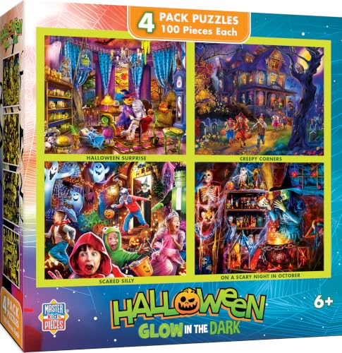 MasterPieces – Jigsaw Puzzle Set for Kids 6+ Years, 4-Pack of 100 Pieces, Educational and Fun Game, Halloween Glow in the Dark Collection, Gift Idea for Children, 8" x 10"