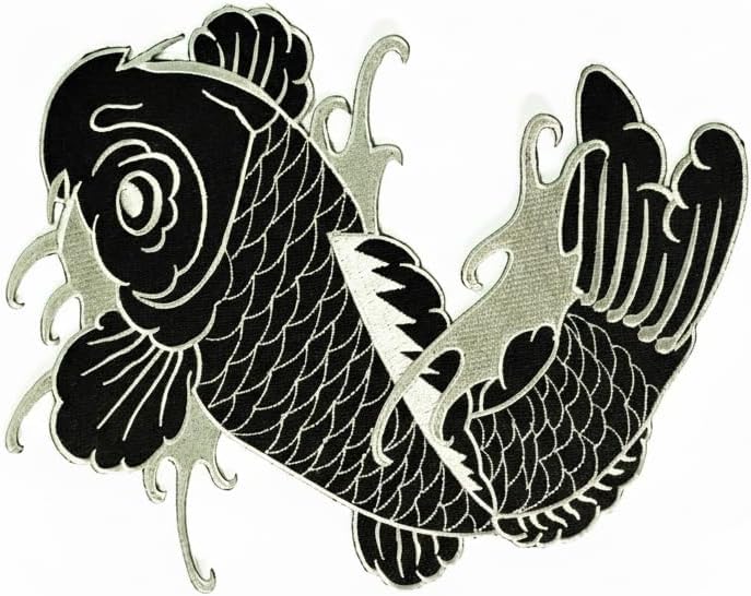 Japanese Koi Fish Patch 9x8 Inch, XL Large Embroidered Iron On Applique for Back of Jacket, Black and White Oriental DIY Decor
