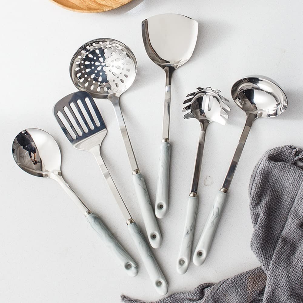 Kochlöffel und Pfannenwender aus Edelstahl, Kochutensilien, 7-teiliges Set, Küchenwerkzeuge und -geräte (Silber)