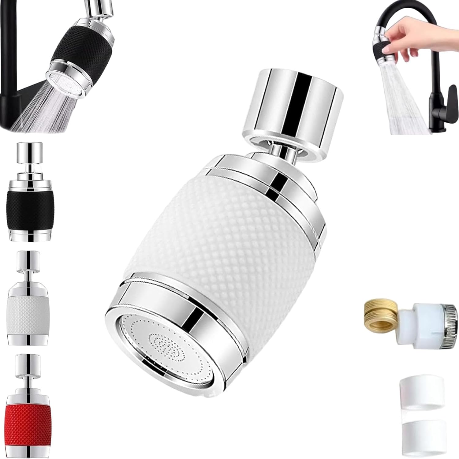 Splash Proof Booster Swivel Kitchen Filter Tap, High Pressure Booster Technology with 3 Flow Modes and Universal Connector, 360-Degree Swivel Splash-Proof Faucet Aerator, for Sink (black+red+white)