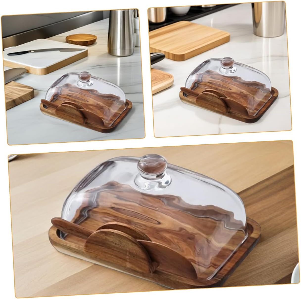 Wooden Butter Keeper with Glass Lid Airtight Cheese and Snack Storage Container for Kitchen Countertop for Home and Parties