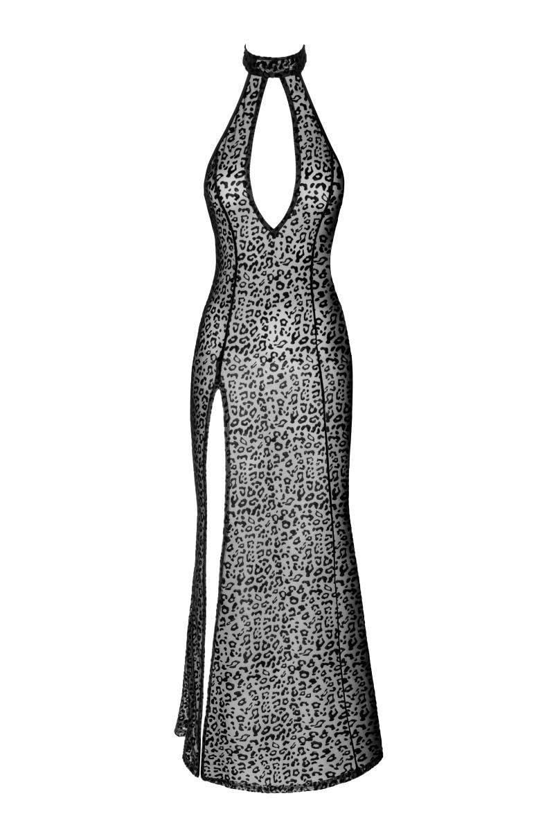 Noir Handmade F288 Robe Longue floquée au Look léopard avec Fente