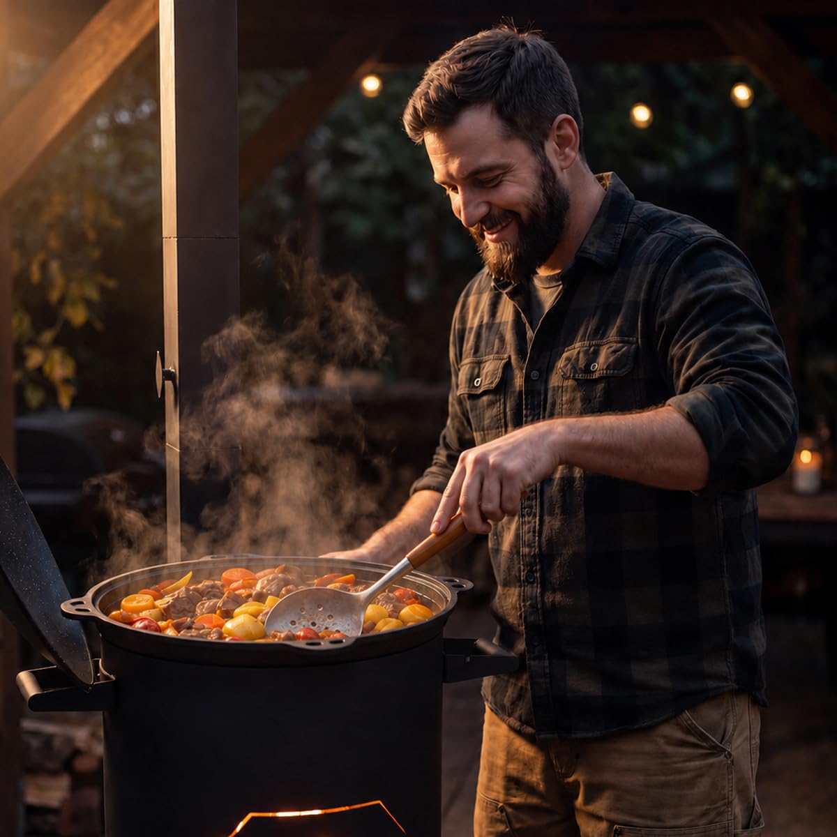 Espumadera para Cocina al Aire Libre - Hecha a Mano en Acero Inoxidable con Mango de Madera, para Platos de Kazan y Wok, 46,5 cm con Anilla Colgante