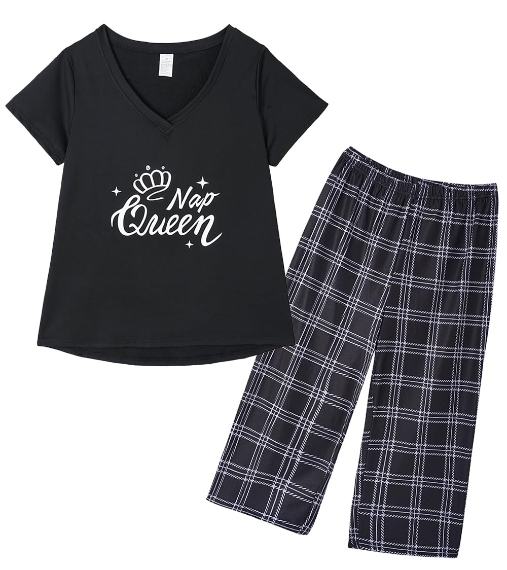 YIJIU Women Soft Comfy Pajamas Cute Cat Short Sleeve Capri Pants PJS Set X-Large Queen