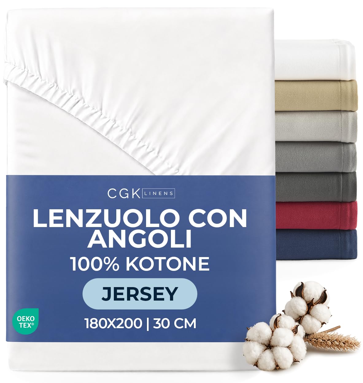 Lenzuolo con Angoli 180x200 - Jersey Cotone Tasca 30cm (12") - Bianco | Cotone Elasticizzato Morbido, Traspirante, Elastico Tutto Intorno, Facile da Stirare, Lavabile in Lavatrice, OEKO-TEX