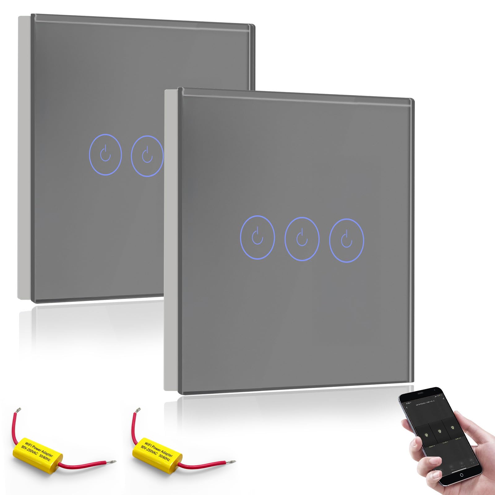 BSEED WiFi Touch Switch Grey,3 Gang 2 Way Smart Light Switch Compatible with Alexa and Google Home,with Smart Life Remote Control(No Hub Required)-No Need Neutral Wire-2 pack