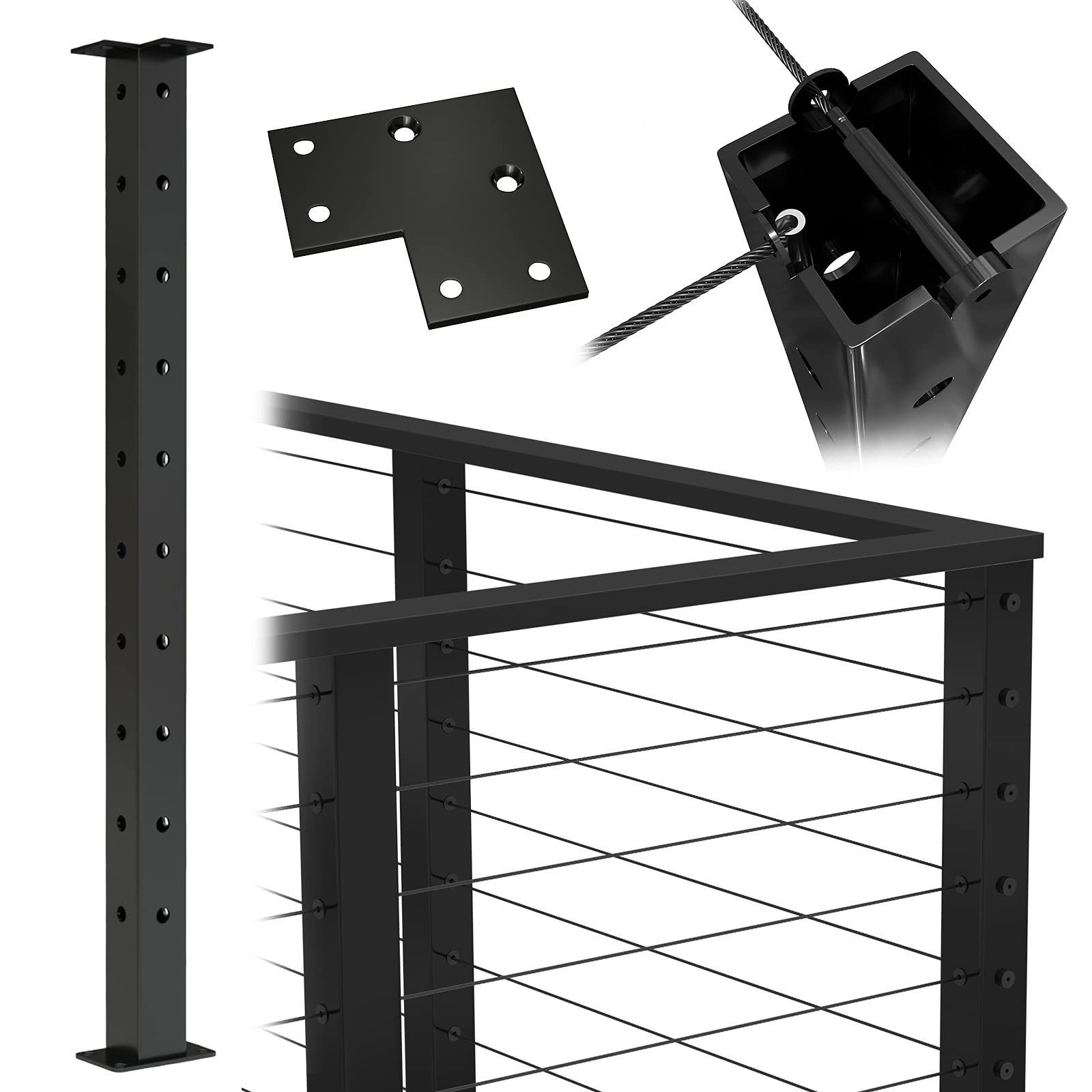 Buy Muzata Cable Railing Post Black Flat Top Square TCorner Three Side