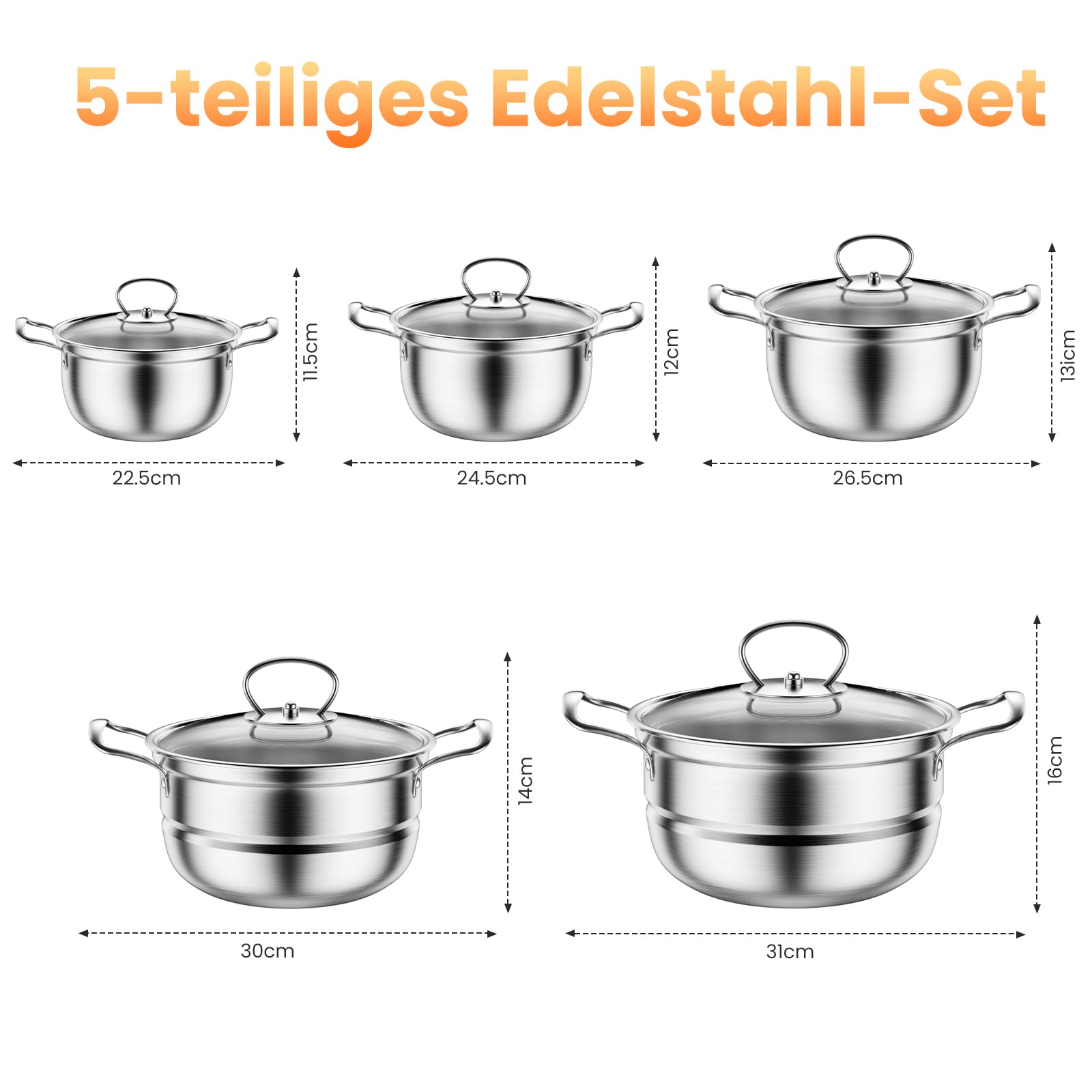 Set di pentole in acciaio inossidabile, grande set di pentole per piano cottura a induzione, con coperchio in vetro e casseruola con manico, 12 pezzi, set di pentole adatto a tutti i tipi di fornelli