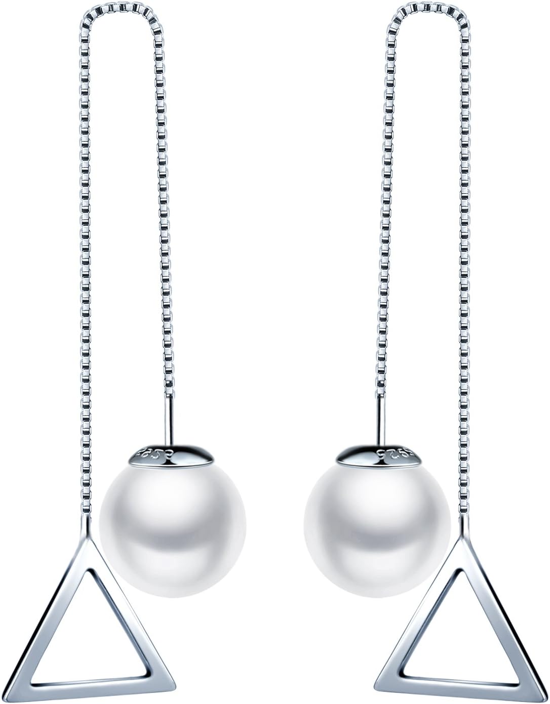 SIXLUO Hollow Triangle Pearl Threader Ear Line 925 Sterling Silver DIY Drop Earring Best Gift for Girls/Women