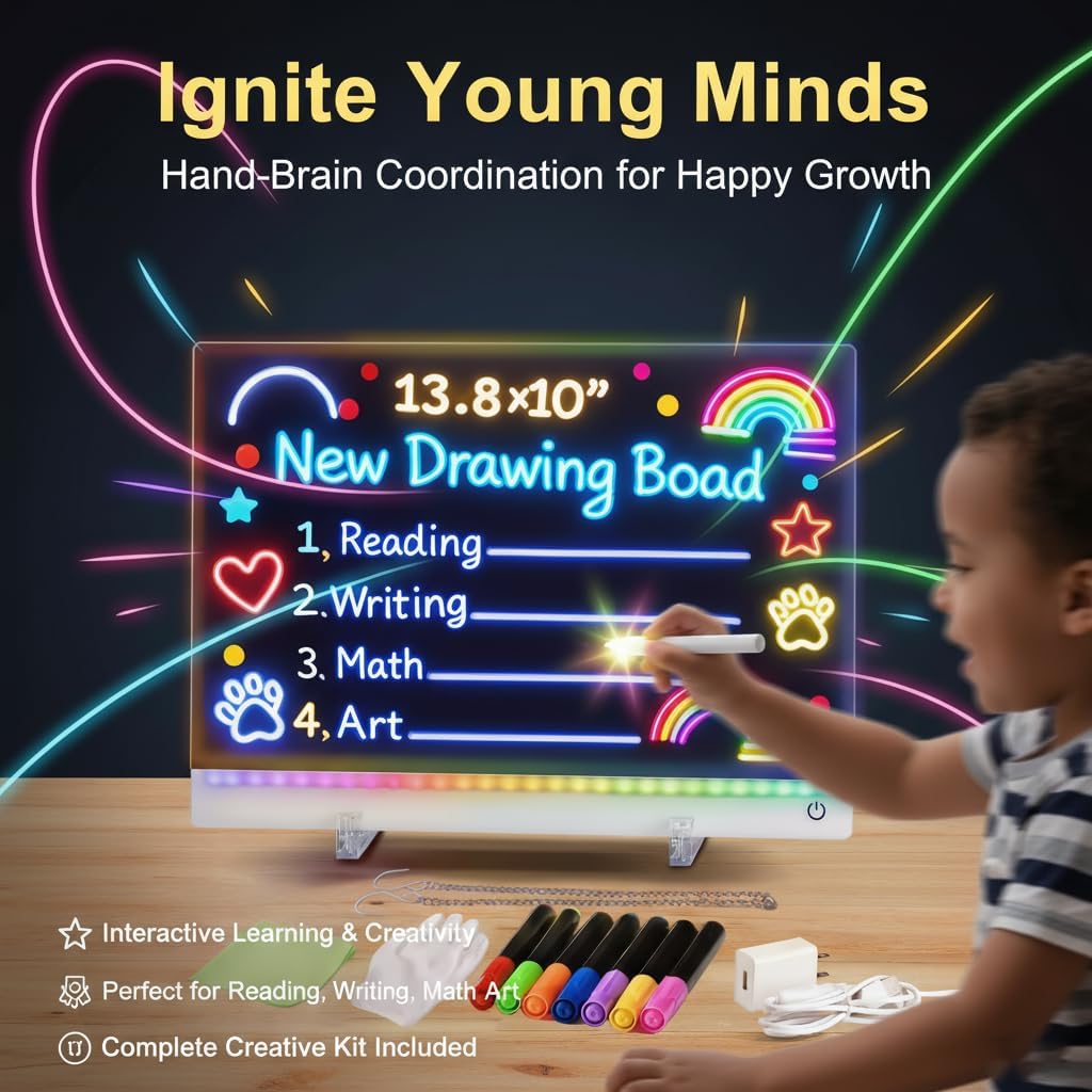 2026 New LED Drawing Board for Kids,Creative Rewritable Acrylic LED Message Board,13.8"X10" Light up Drawing Board with 7 Colored Brushes and a Full Set of Tools,Supports 7 Colors and 4 Modes