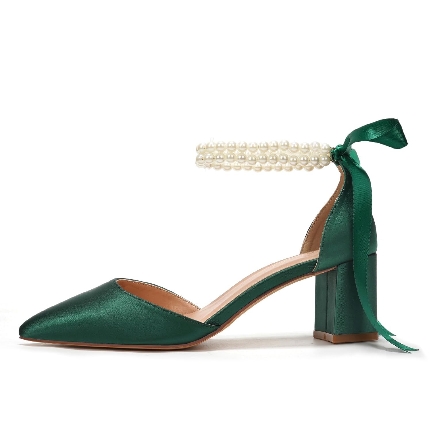 Elivandon J1585 Sandalias de Boda Mujer Satén Tacón Alto Medio 6cm Punta Puntiaguda Doble Tira Perlas Zapatos Nupciales