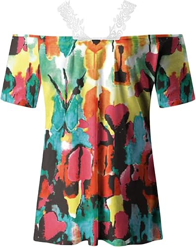 Miniatura 4 de Camisetas de encaje para mujer, estilo casual, hombros descubiertos, cuello en V, camisetas de moda con estampado floral