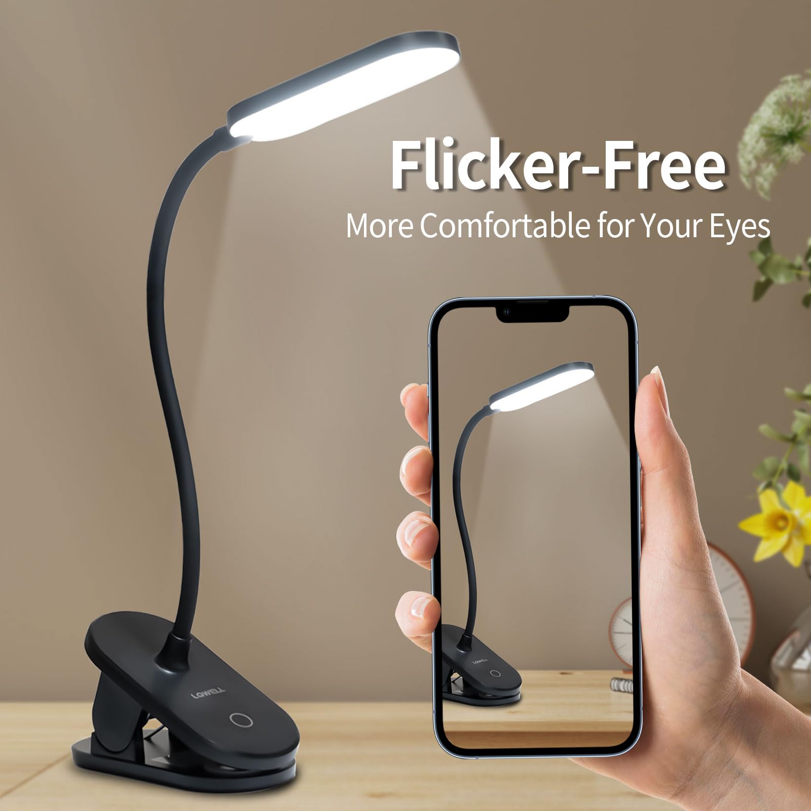 LQWELL® Lampa Z Klipsem Do Lampki Do Czytania W ŁÓŻku, Zasilana Bateryjnie, Ściemniana Lampa Zaciskowa, 3 Poziomy Jasności I Lampa Biurkowa Z Elastycznym 360° Do Domowego Biura (Czarny)
