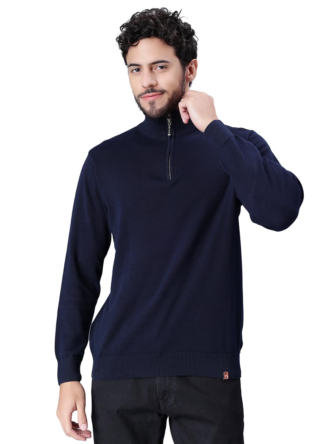 BHARATASYA Men Cotton Knitted Regular Fit High Neck Front Zipper Full Sleeves Solid Pullover Sweater