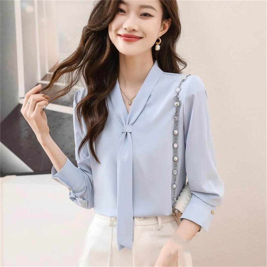 Camicia da donna in chiffon, con scollo a V, a maniche lunghe, autunnale, con fiocco