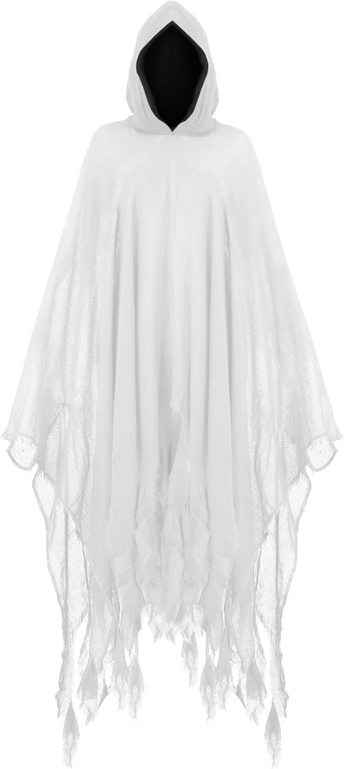 Halloween Hooded Cloak Medieval Renaissance Gothic Wizard Cape Grim Reaper Cosplay Costume for Adult Medium White
