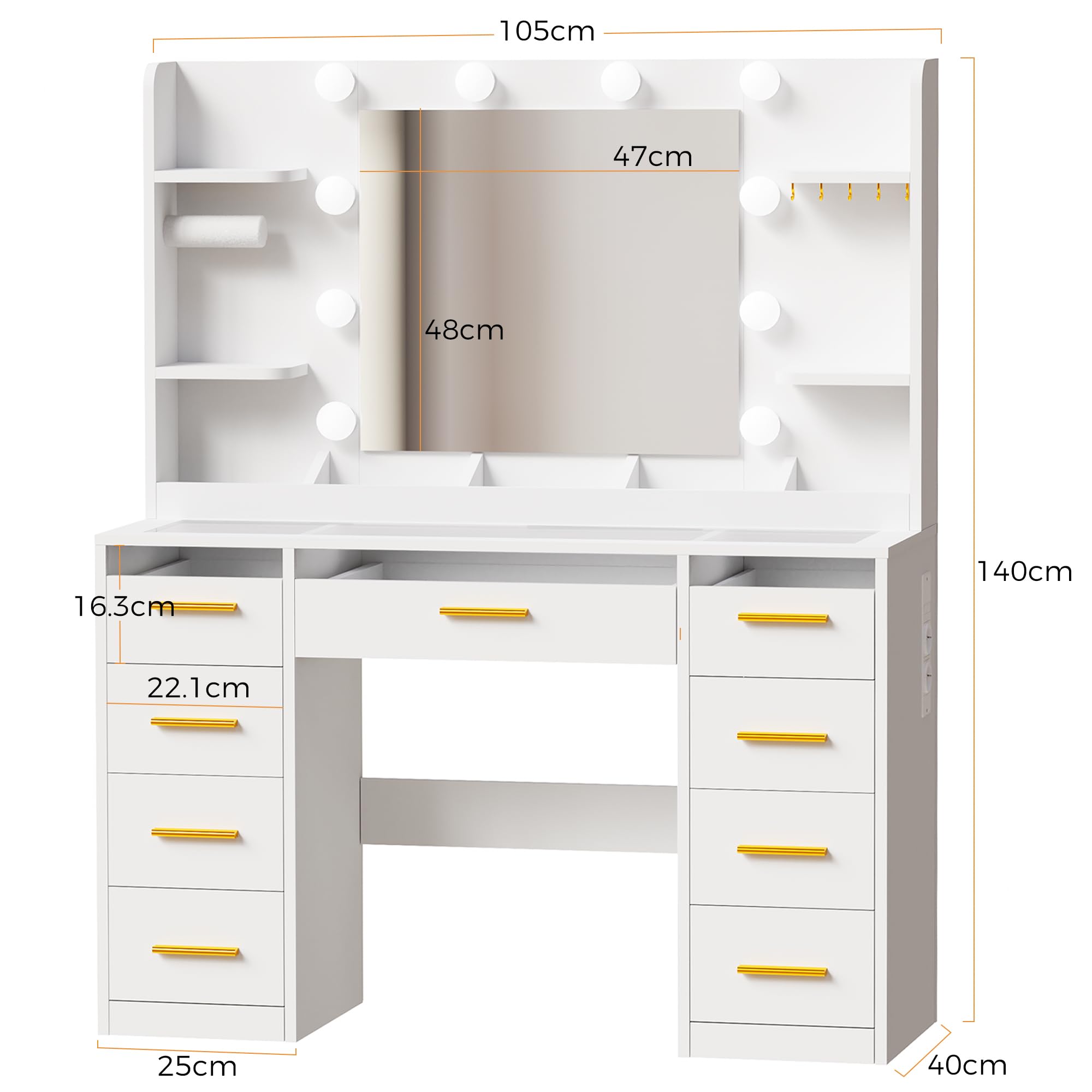 ANWBROAD Grande Toeletta da Trucco con Specchio e Luci RGB, Piano in Vetro | Luminosità Regolabile, Postazione Trucco con Prese 9 Cassetti RGB e 9 Ripiani Aperti Moderno Toletta Trucco Bianco BDT95W