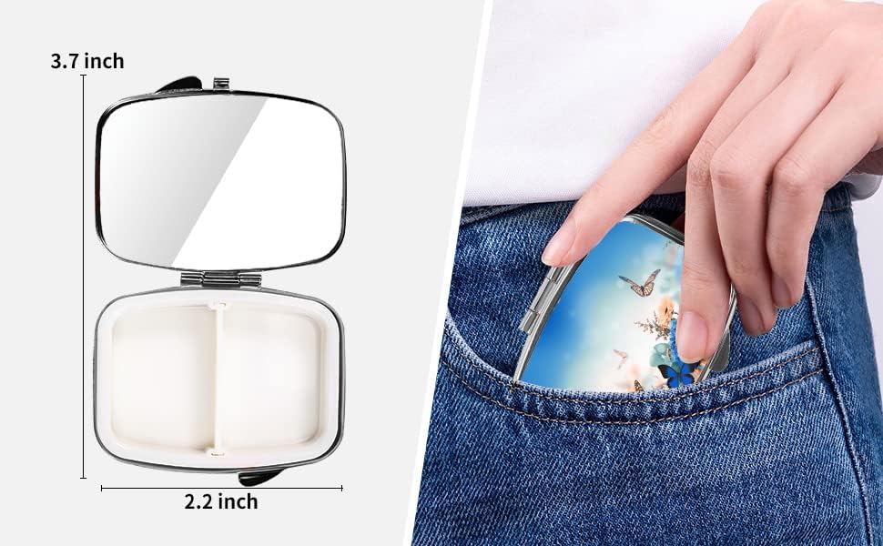 Miniatura 5 de Dynippy Pastillero con espejo, bolsillo retro, 2 compartimentos, organizador de píldoras de vitaminas para bolso de bolsillo y regalos de viaje,