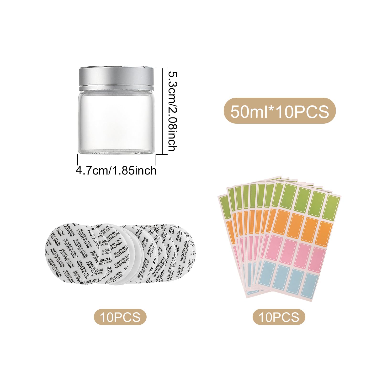 12 Pezzi Mini Barattoli di Vetro 50 ml con Coperchio ed Etichette, Contenitori Trasparenti per Lozione, Crema, Unguenti, Erbe, Spezie