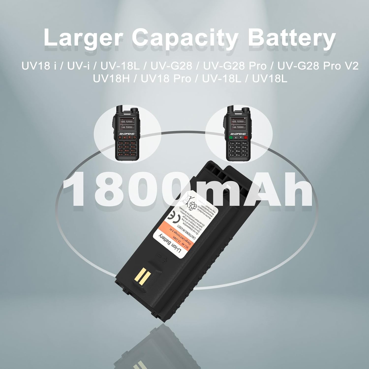 BAOFENG UV-18 Pro Li-ion Battery alongside two compatible BAOFENG two-way radios.