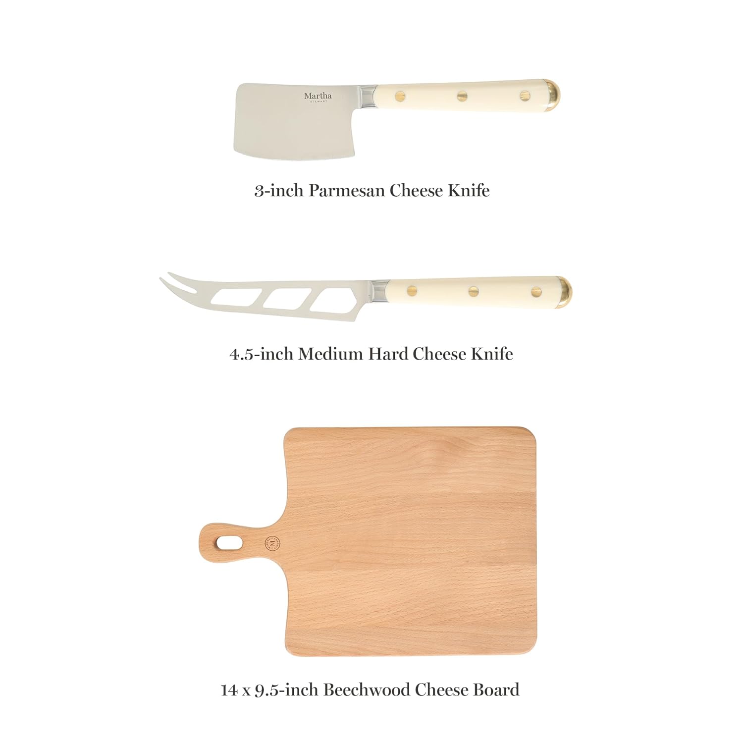 Martha Stewart Blairwood 3 Piece Beechwood Charcuterie Cutting Board with Cheese Knives Set