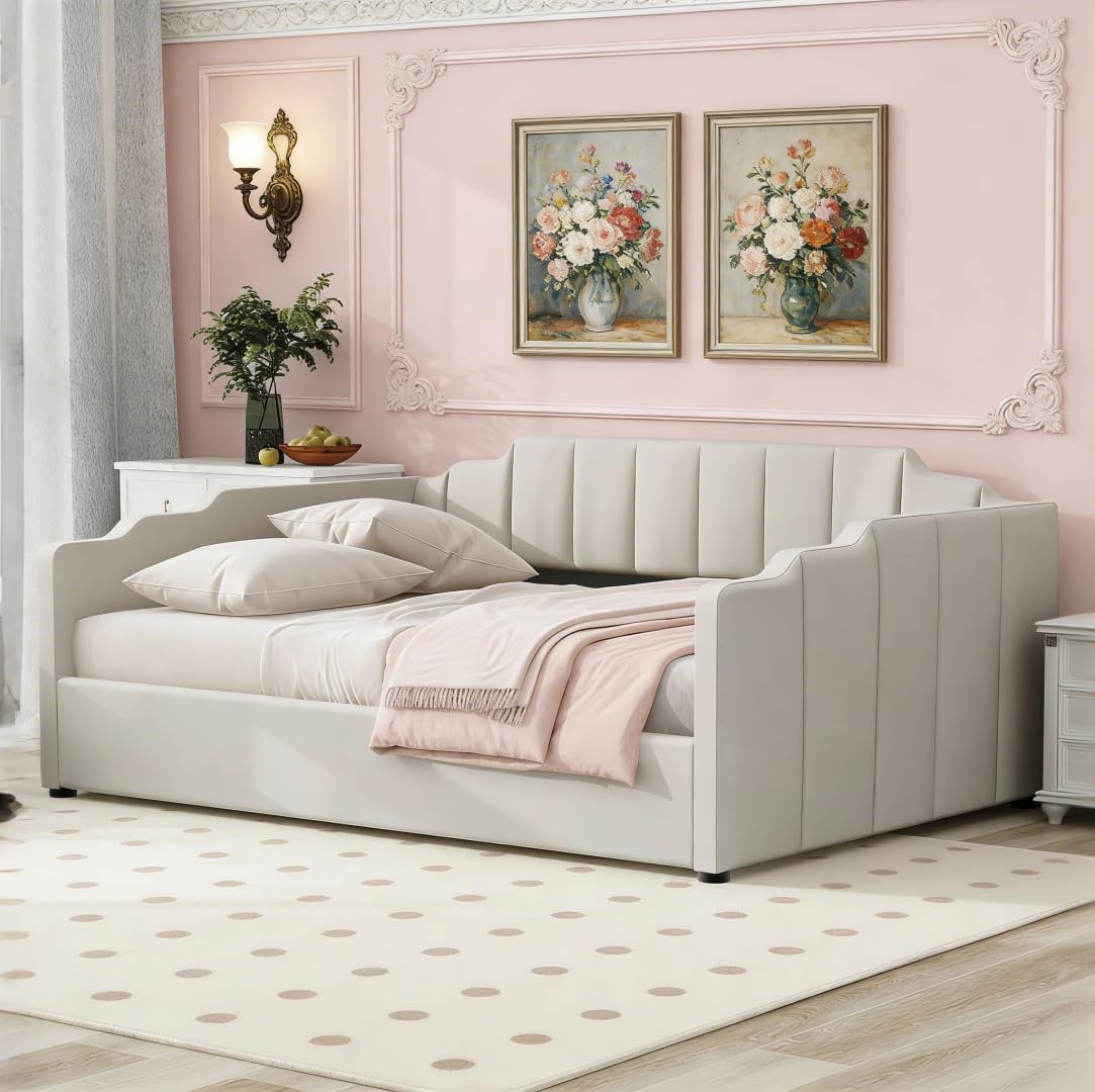 Bellemave Full Upholstered Daybed with Underneath Storage,Corner Daybed Frame with Storage for Living Room, Linen, Beige
